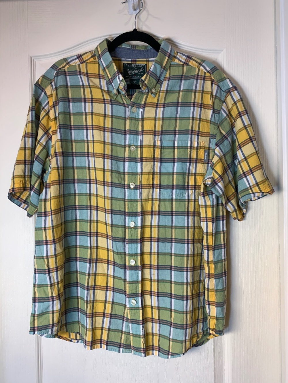 Woolrich Short Sleeve Plaid Shirt XL Yellow‎ Blue Green Cotton Outdoor Travel
